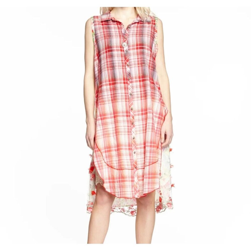 Aratta Silent Journey plaid shirt dress scallop embellished mesh floral S- $198